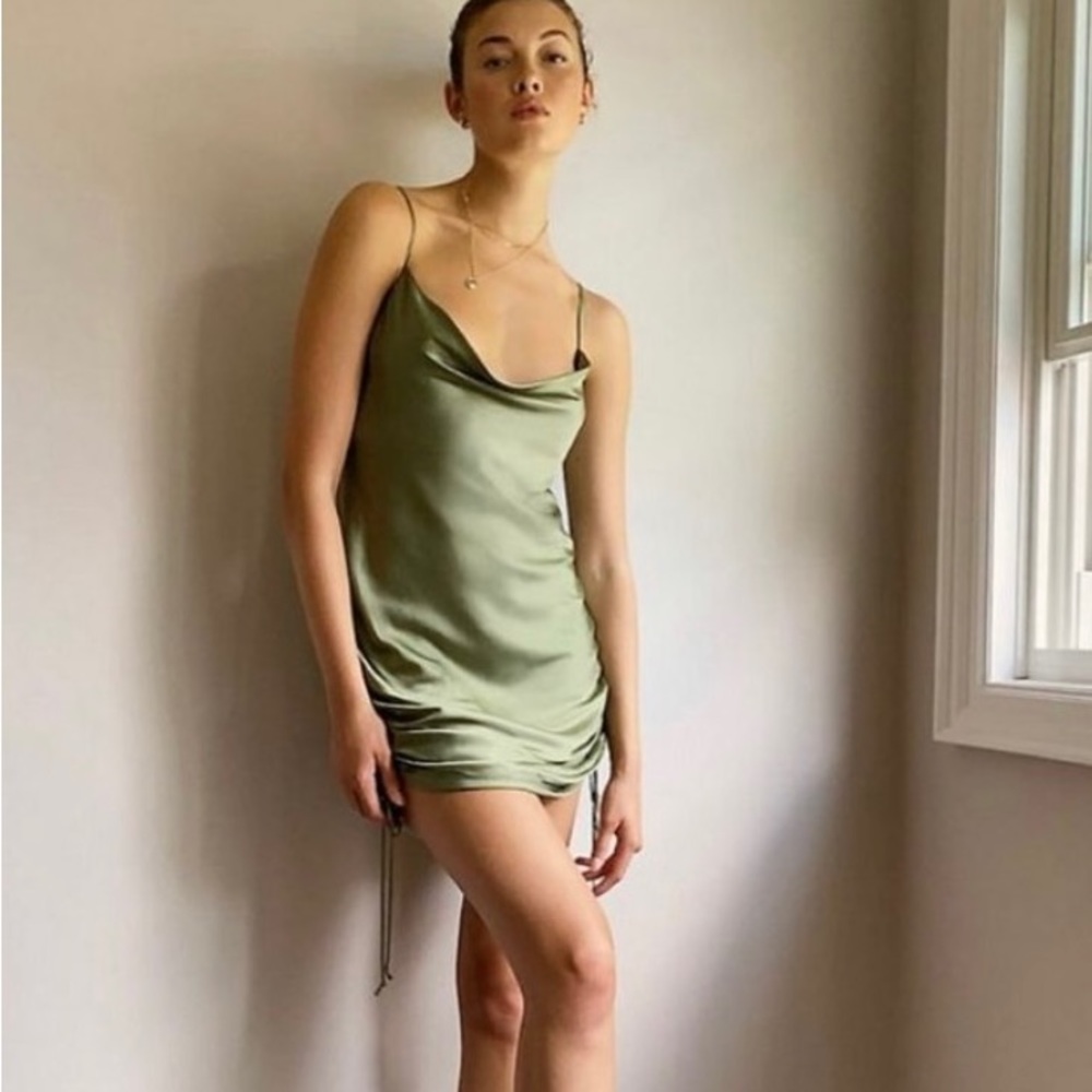 Aritzia Wilfred Ruched Mini Slip Dress Olive Green
